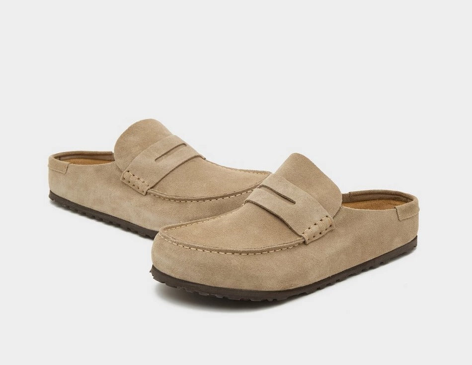 Birkenstock Naples Wrapped taupe suede leather.