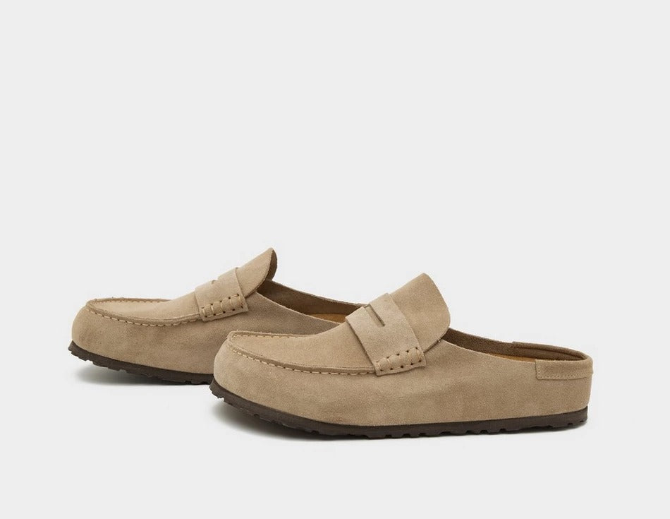 Birkenstock Naples Wrapped taupe suede leather.