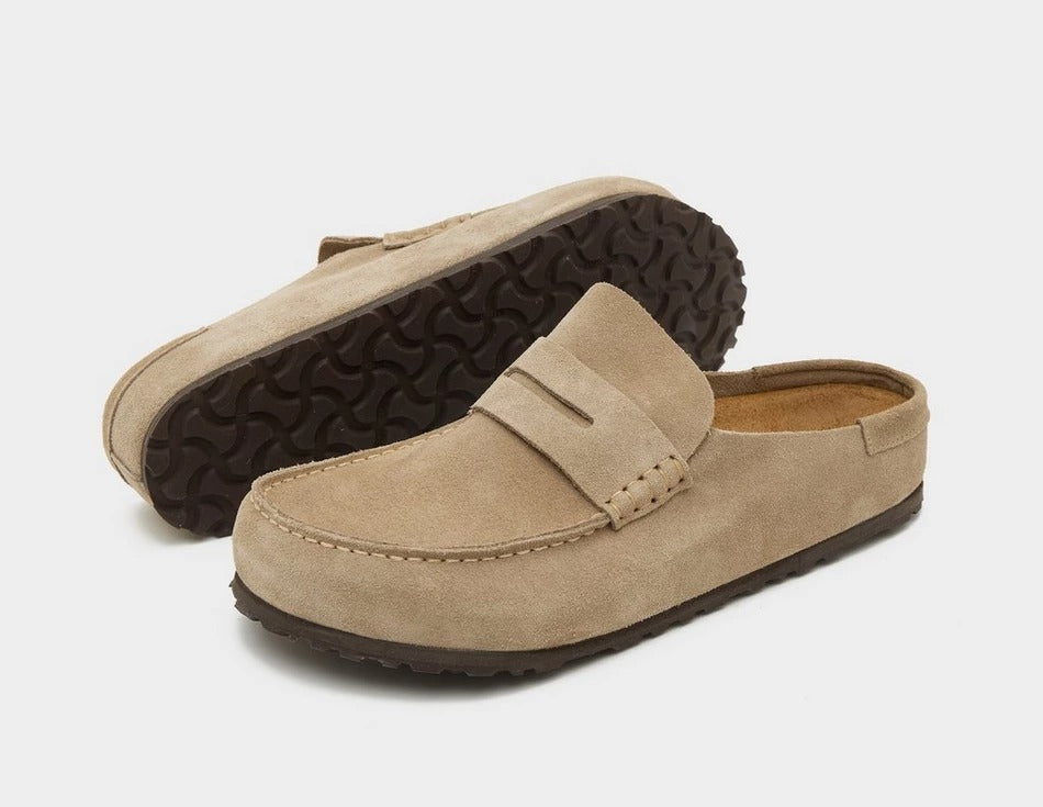 Birkenstock Naples Wrapped taupe suede leather.